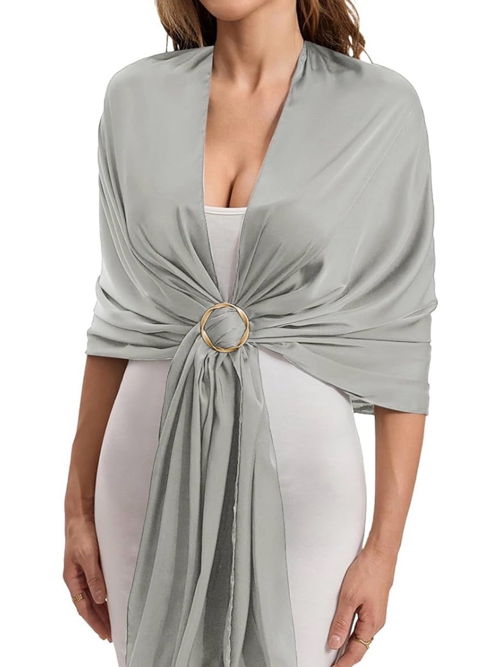 Satin Light Gray Shawl Wrap with Gold Ring Accent